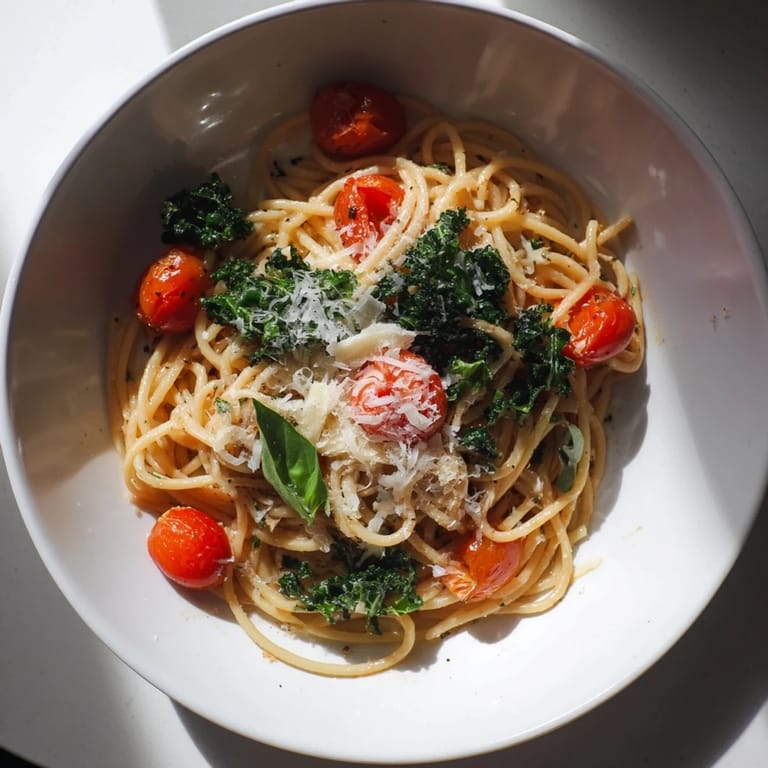 Flavorful one-pot spaghetti with kale, tomatoes, and Parmesan cheese, perfect for a quick dinner.