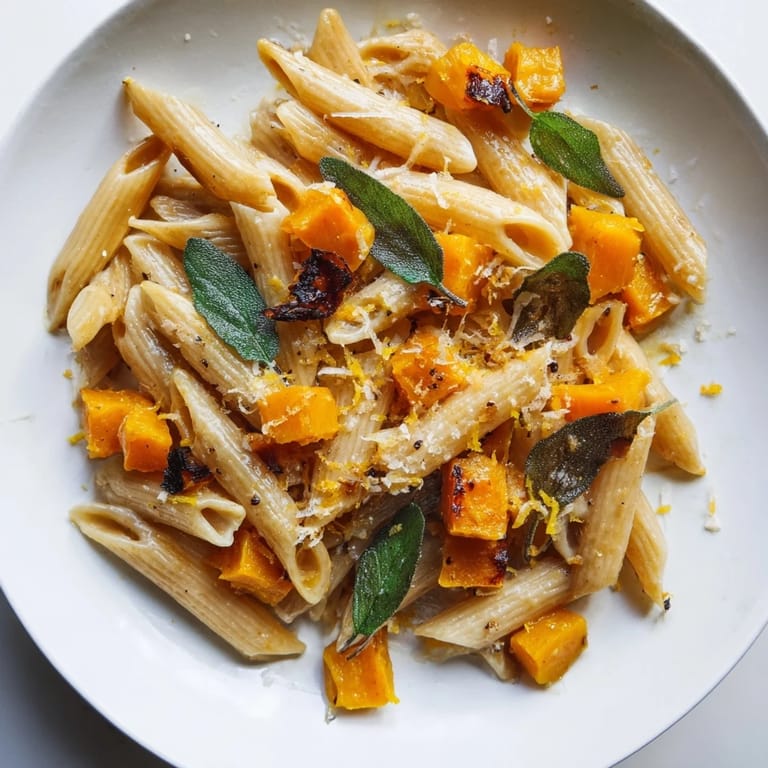 Creamy Brown Butter Pasta with butternut squash, topped with crispy sage and Parmesan, ready to eat.