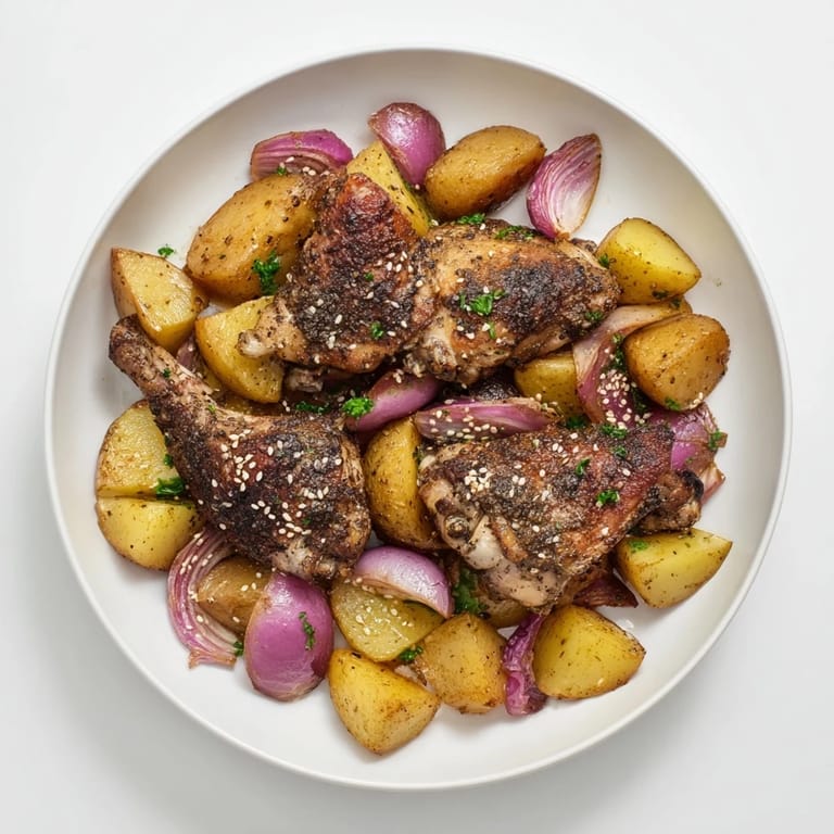 Beautifully plated Pan-Roasted Zaatar Chicken and Potatoes, ready to serve with fresh parsley and lemon.