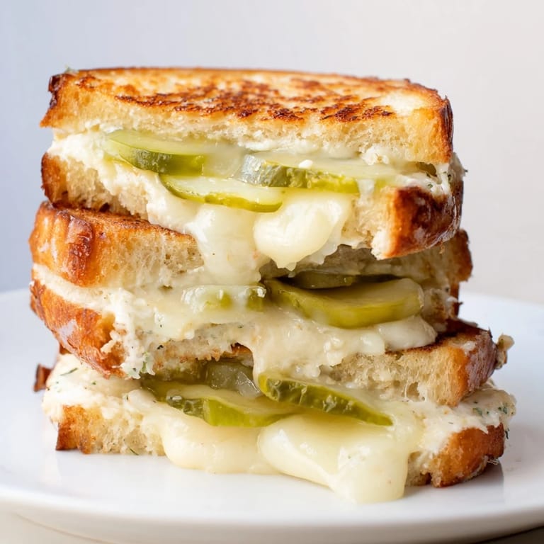 A close-up shot of a melty Gooey Pickle Grilled Cheese sandwich, oozing cheese and pickle deliciousness, ready to eat.