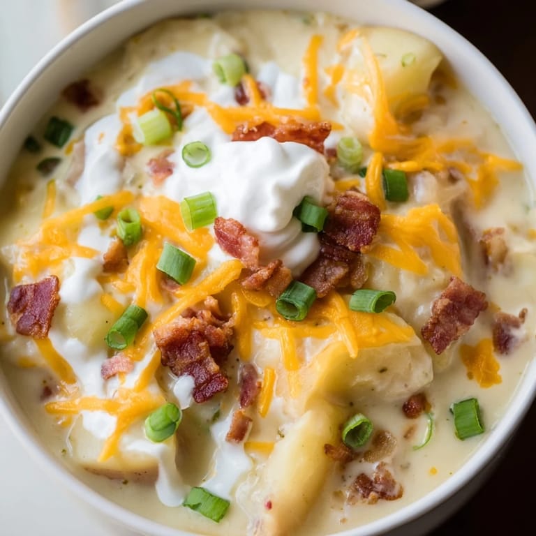 Creamy Crockpot Loaded Baked Potato Soup, thick with mashed potatoes, cheddar cheese, and crispy bacon topping.