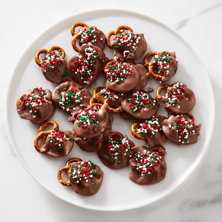 Warm, gooey Air Fryer Christmas Pretzel Bites topped with milk chocolate and bright holiday sprinkles look so delightful.