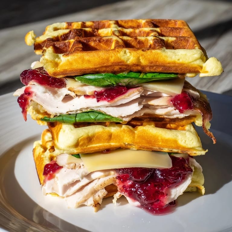 Warm, toasted Easy Holiday Waffle Sandwich, showcasing layers of holiday flavors and enticing aromas for delicious eating.
