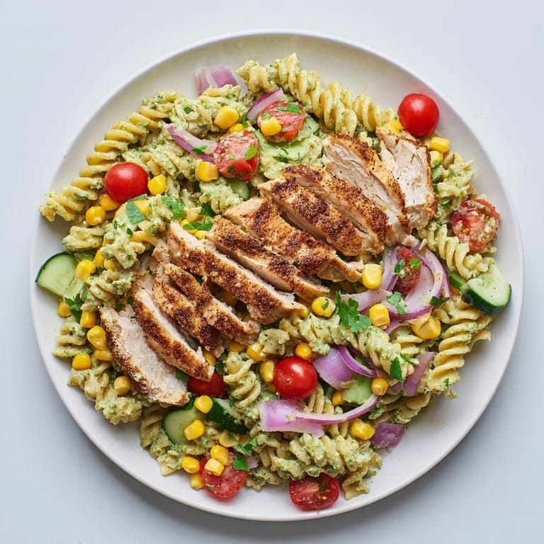 This appetizing photo showcases a freshly made Peruvian Aji Verde Chicken Pasta Salad with a rich, green, herby sauce.