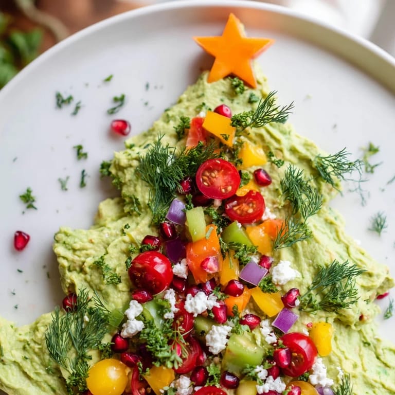 Beautifully arranged whipped avocado Christmas tree dip with vibrant red and yellow pepper ornaments, ideal starter.