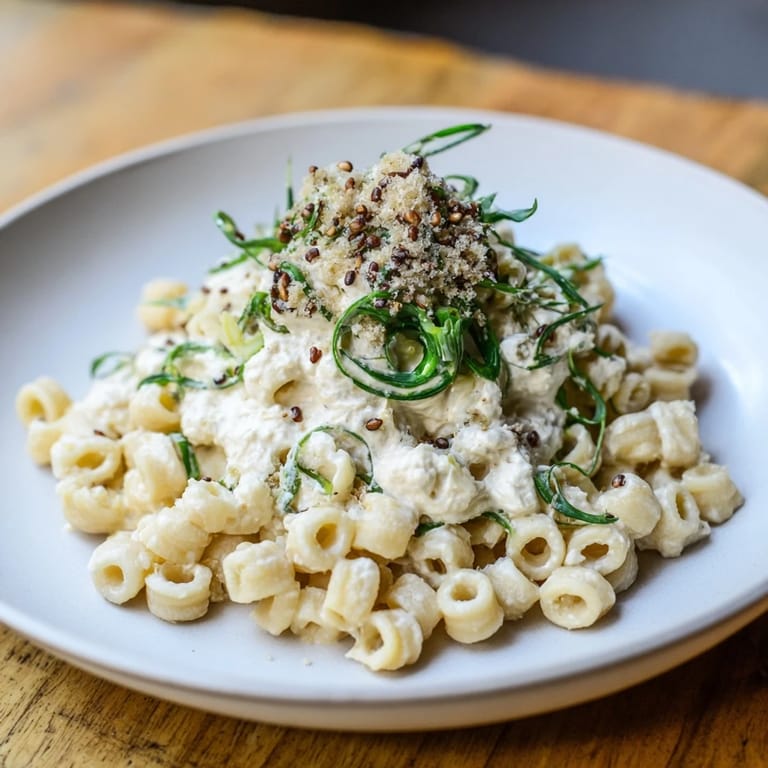 Savory creamy miso ditalini, ready to enjoy, with small pasta and a smooth, flavorful sauce.