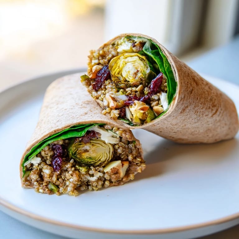 Visualizes the flavorful filling: a Roasted Brussels Sprouts & Cranberry Grain Wrap, with a colorful array of ingredients.