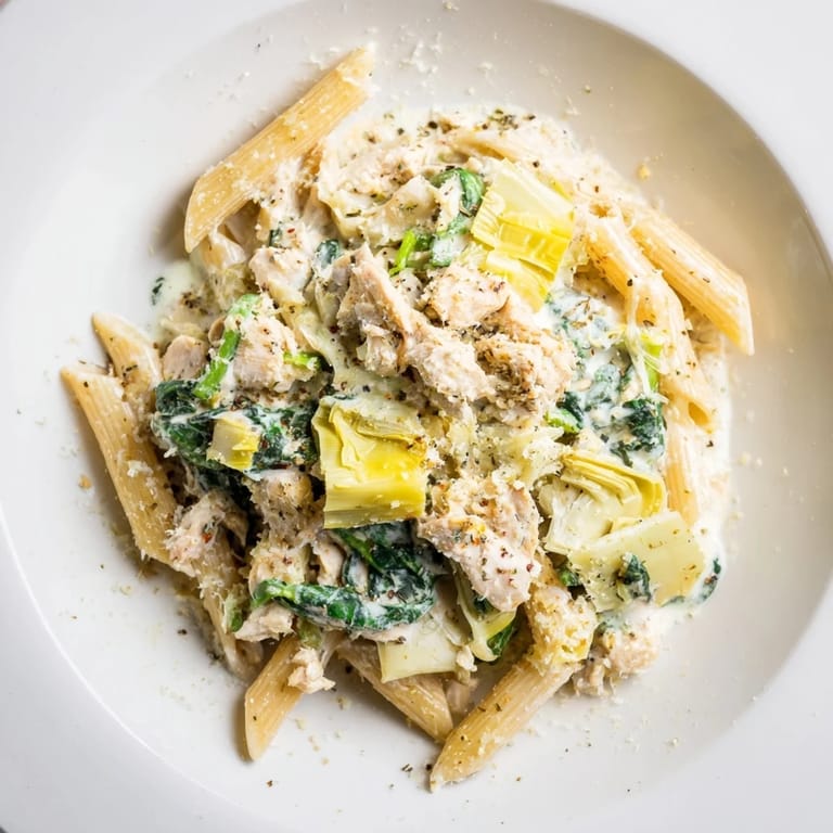 Garnished Creamy Spinach Artichoke Protein Pasta Skillet, showing a creamy texture with artichokes and spinach.