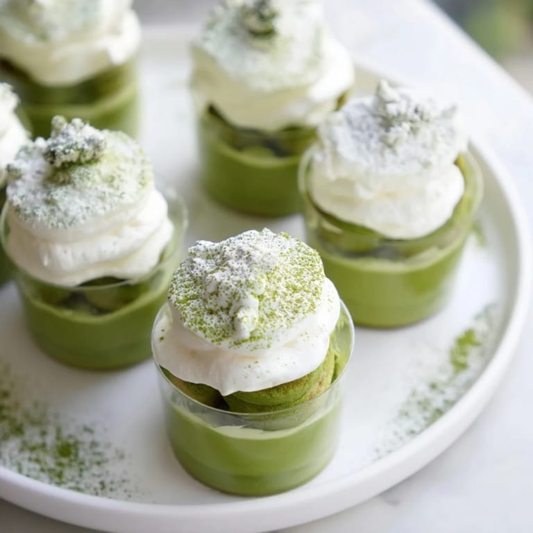 These creamy matcha mascarpone tiramisu snow cups feature a snowy dusting, perfect for any occasion.