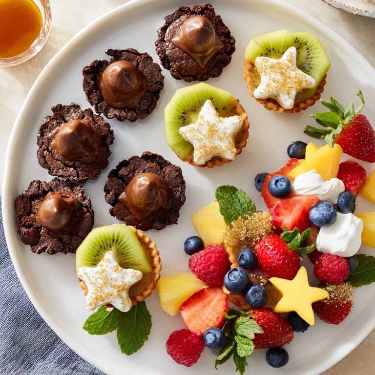 Indulge in this vibrant Star-Studded Dessert Board, featuring chocolate ganache, whipped cream, and delightful fruit.