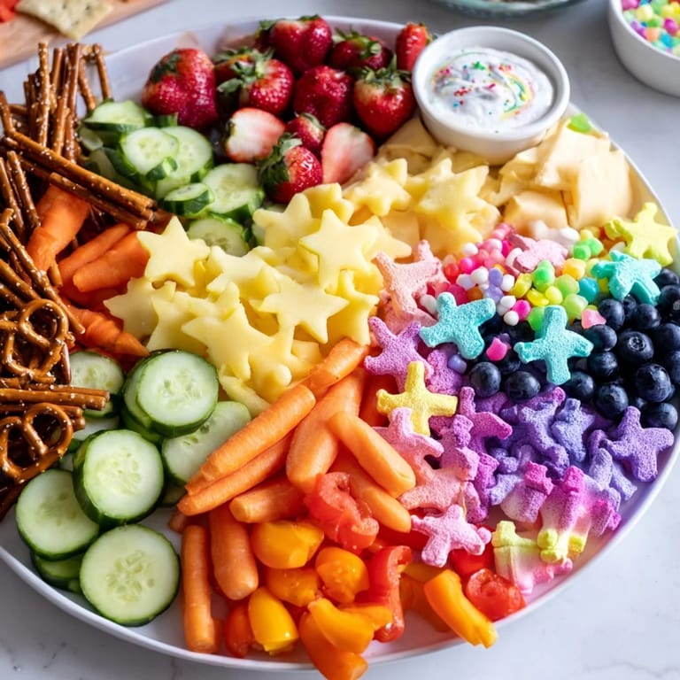 Magical Unicorn Party Platter, overflowing with rainbow treats, perfect for a whimsical celebration feast.