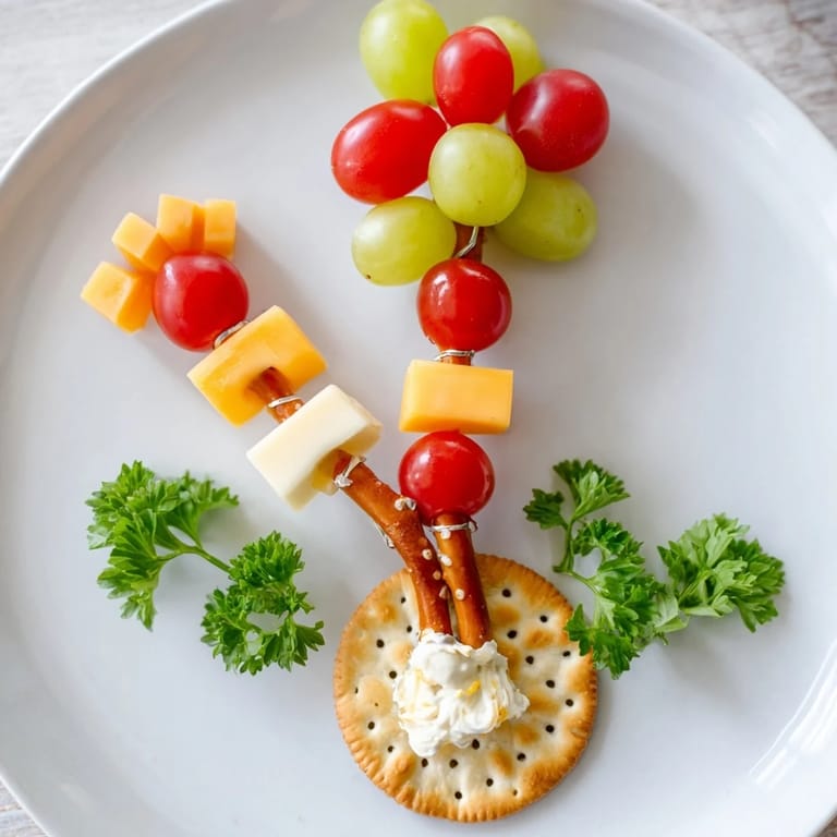 Easy-to-make Up, Up, & Away Hot Air Balloon Snacks, with red grapes and cheese, a fun, healthy treat.