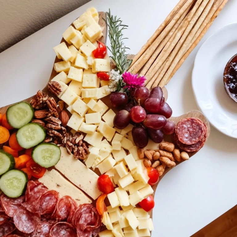 Delicious Rock Star Guitar Platter presentation with layered meats and cheeses, perfect for a party.