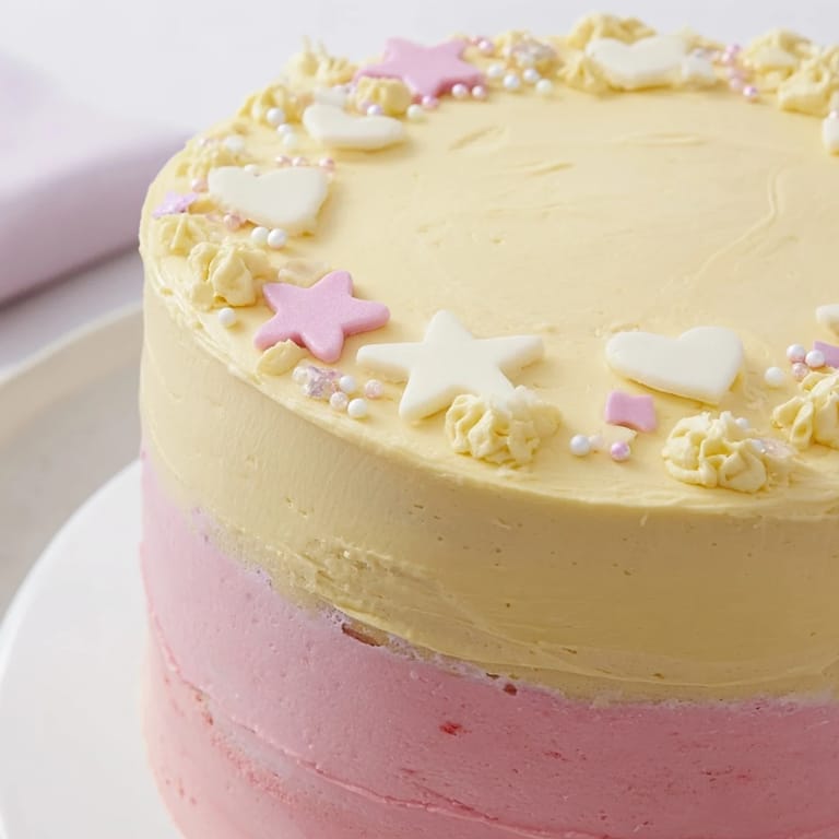 This delightful Château de Princesse Cœurs et Étoiles cake, a layered dessert ready for celebration, is adorned with edible stars.