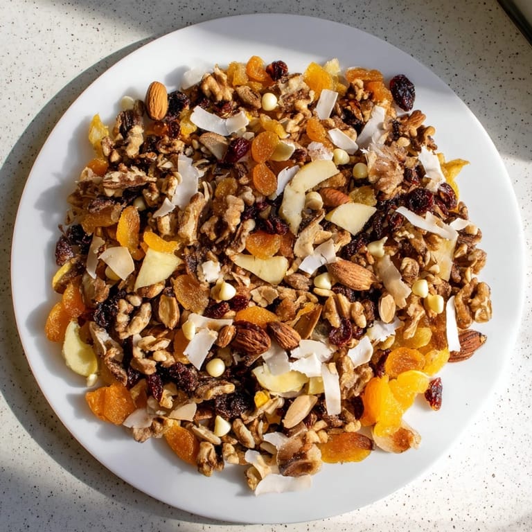 A snowy close-up of Snowflake Winter Blend, showcasing the colorful fruits and crunchy nuts.
