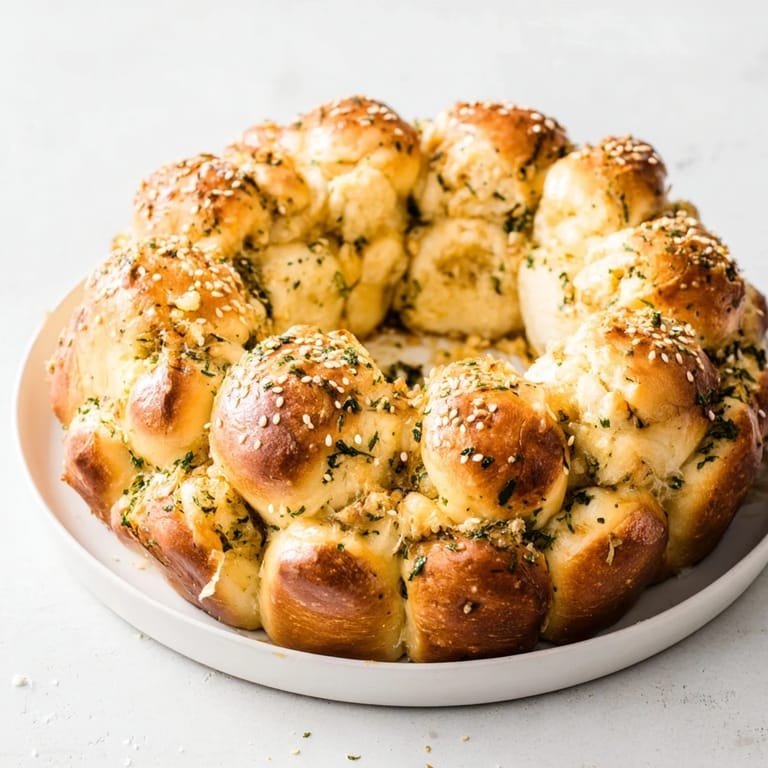 A warm, tempting, pull-apart bread wreath, topped with seeds, freshly baked for a festive appetizer.