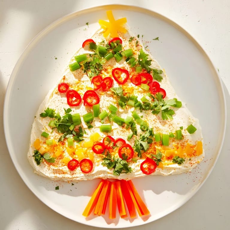 Creamy Chili Pepper Christmas Tree Dip, garnished with colorful bell peppers; perfect for your holiday spread.