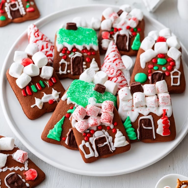 Homemade Gingerbread Village dessert spread showcases intricately decorated gingerbread cookies, ready to be enjoyed.