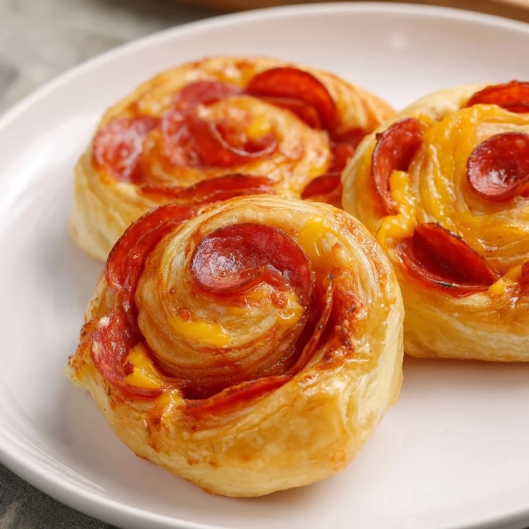 Close-up of warm, cheesy Sliced Cheddar and Salami Scrolls, perfect for a satisfying snack.
