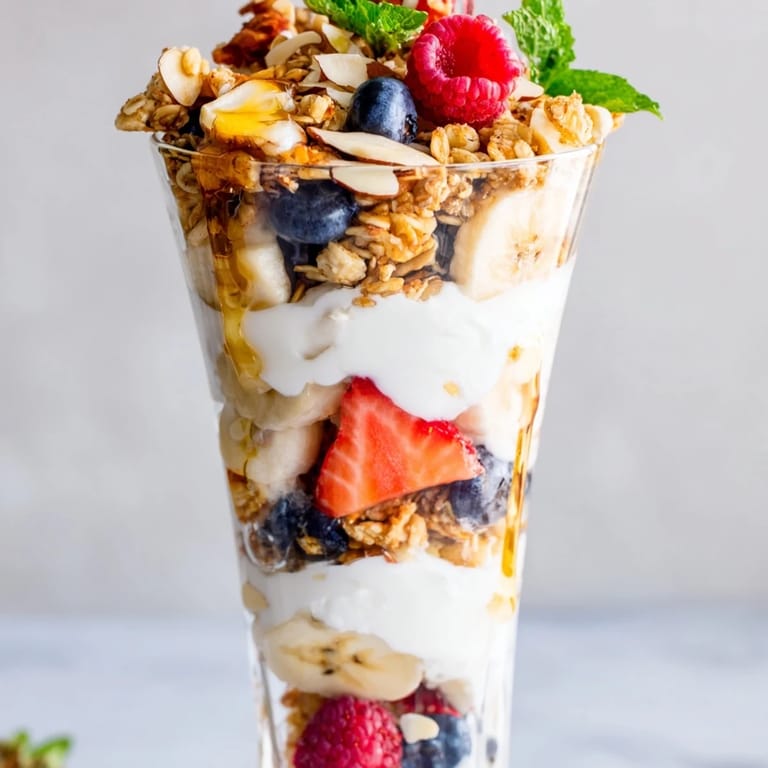 A close-up of delicious Yogurt and Granola Parfait, featuring vibrant layers of fruits and granola.