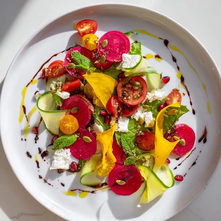 This Abstract Expressionist Splash salad showcases vibrant red tomatoes and green herbs artistically arranged.