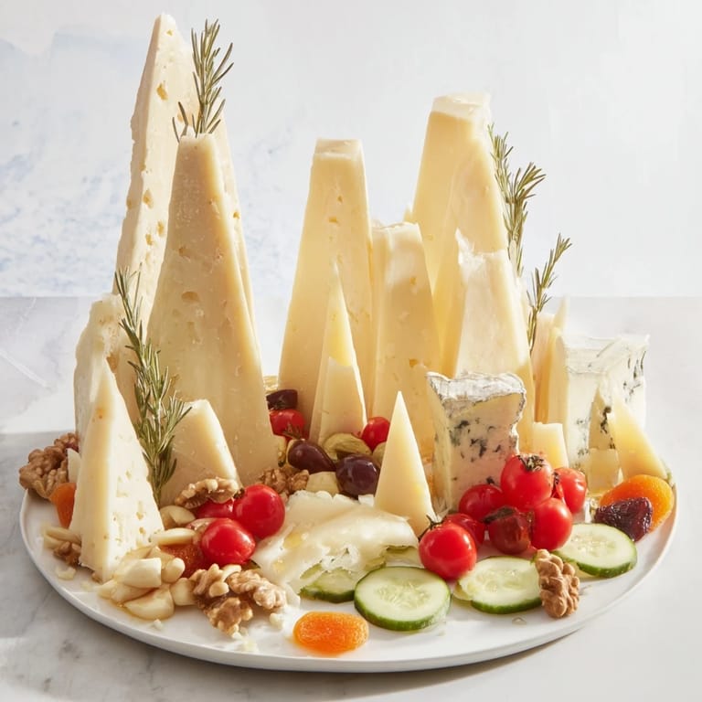 Eye-catching sculptural cheese landscape, with Brie and cheddar cheese artfully arranged with fruit.