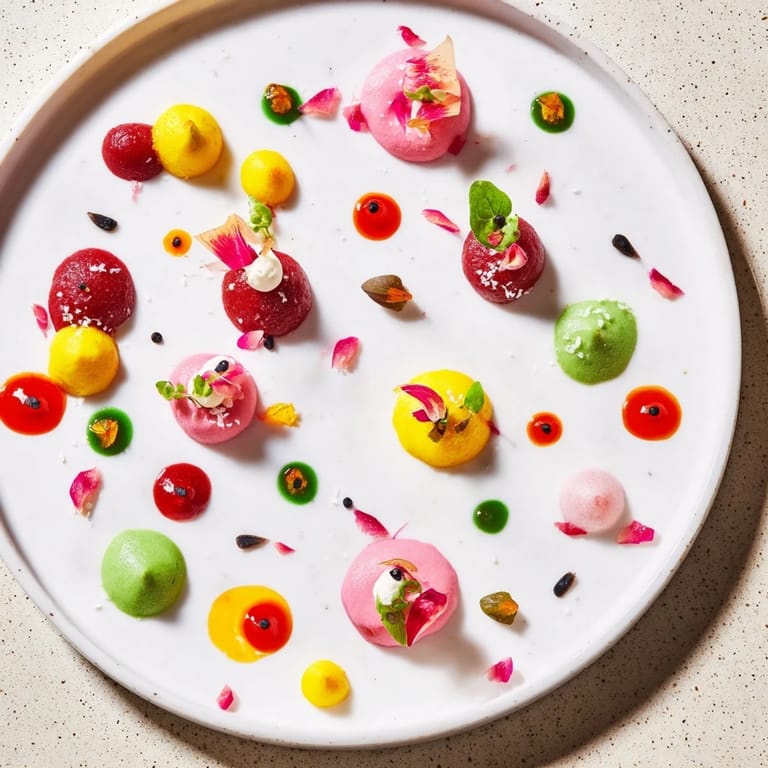 Artistic dish featuring a visually stunning Pointillism Dot Matrix presentation: a modern, delicious appetizer.