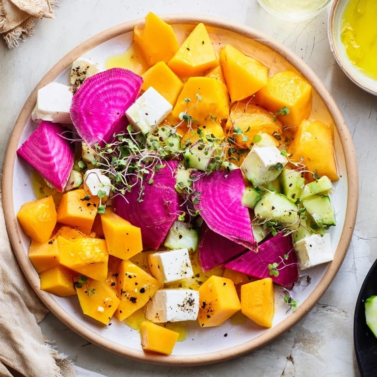 Vibrant Cubist Deconstruction on a white platter, showcasing a modern appetizer with feta and fresh produce.