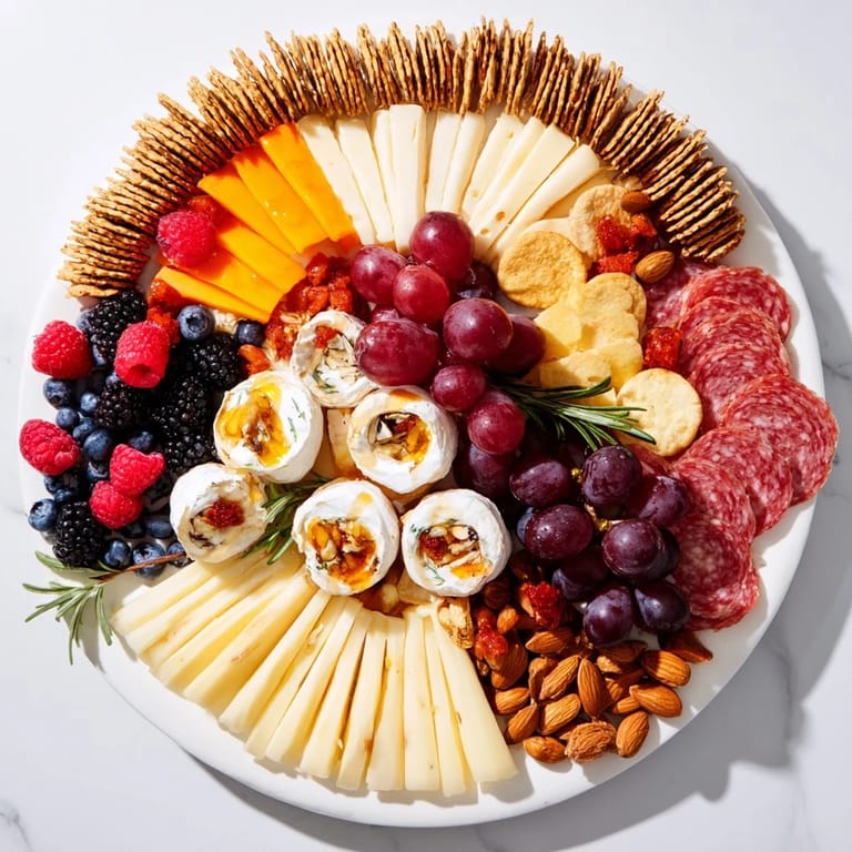 A close-up of The Ouroboros Circle appetizer: visually stunning food arrangement with vibrant fruits and cheeses.