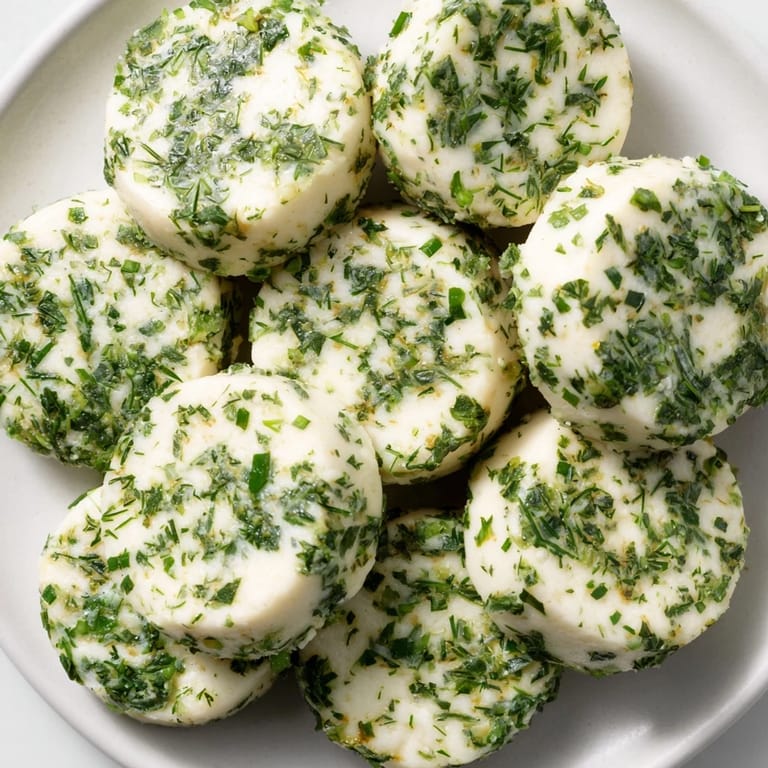 Vibrant "Mossy Stones" appetizer: creamy goat cheese covered in fresh herbs, perfect for a gathering.