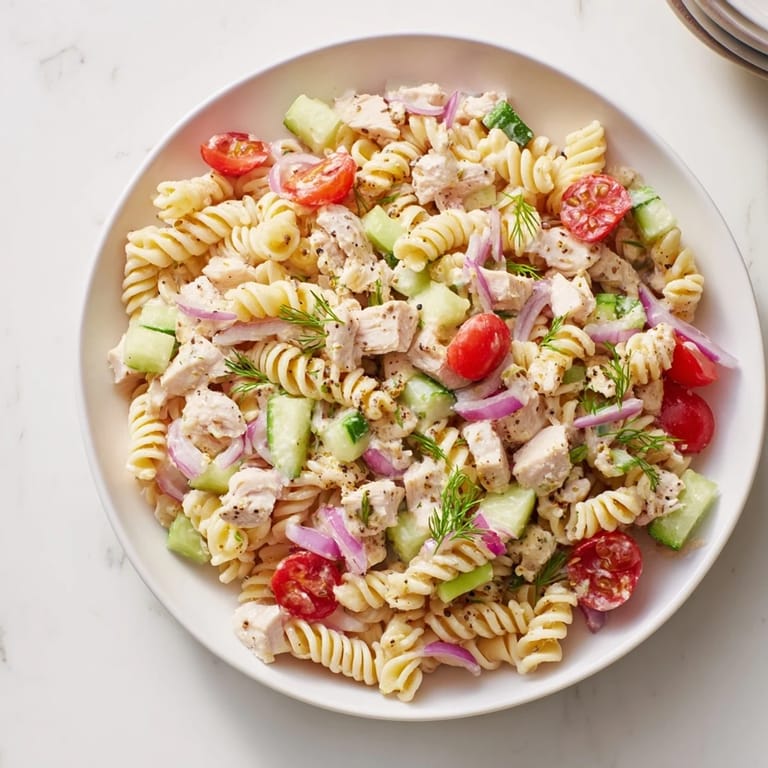 A delightful bowl of Everything Bagel Chicken Pasta Salad, featuring tender chicken and colorful vegetables.