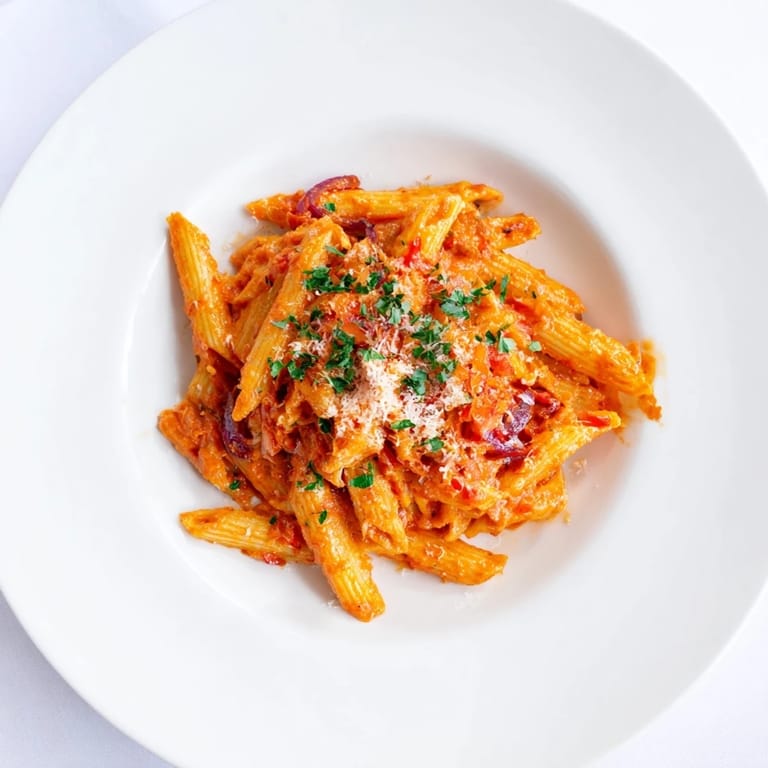 Enjoy a tempting photo of the easy One-Pot Diavola Spicy Pasta, seasoned with fresh herbs and Parmesan cheese.