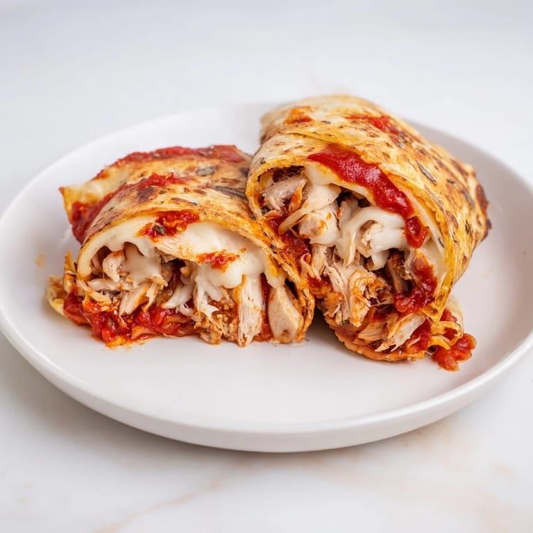 A delicious, folded tortilla pizza wrap with chicken, showcasing crispy edges and a savory, satisfying taste.