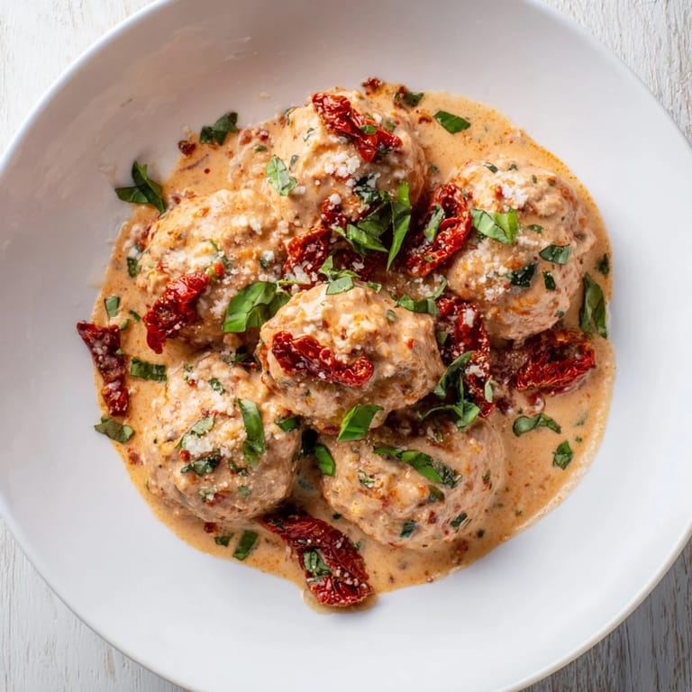 Savory Marry Me Chicken Meatballs, served over pasta and drenched in a luxurious, creamy sun-dried tomato sauce.