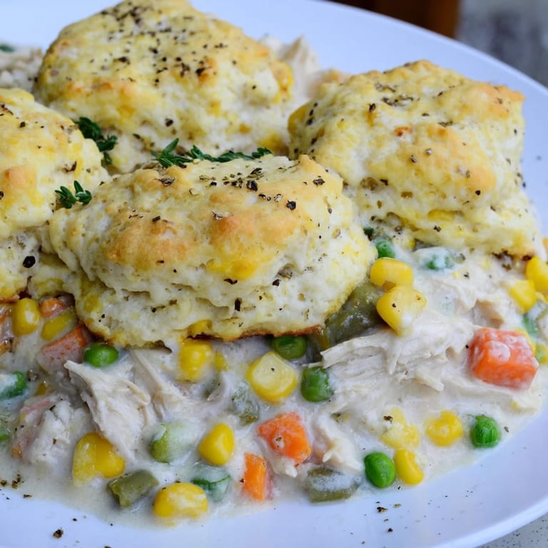 Delicious Chicken Cobbler with Red Lobster Mix, steaming hot, topped with cheddar biscuits, ready to serve and enjoy.