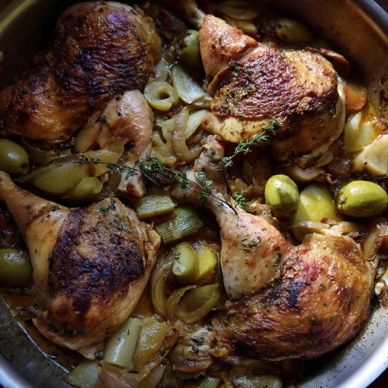 Golden-brown chicken thighs in a savory Georgia Pot Roast Chicken, perfect for a family dinner.