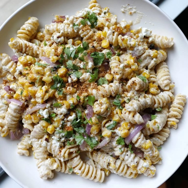 Imagine this: a bowl of creamy street corn pasta salad, a perfect side with chili seasoning.