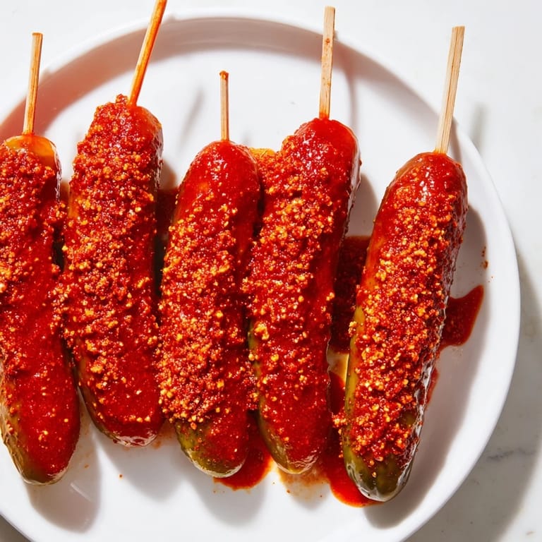 Crisp dill pickles transformed into tasty Chamoy-Tajín creations, perfect for a spicy and sweet Mexican-inspired snack.