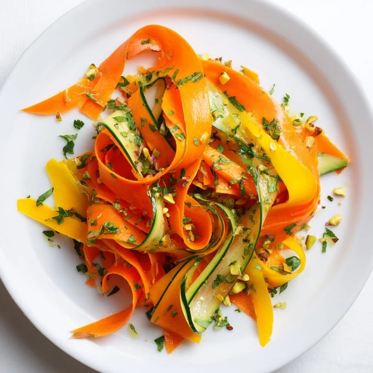 Bright, tangy Citrus Carrot Ribbon Salad, featuring fresh herbs and a drizzle of honey dressing.