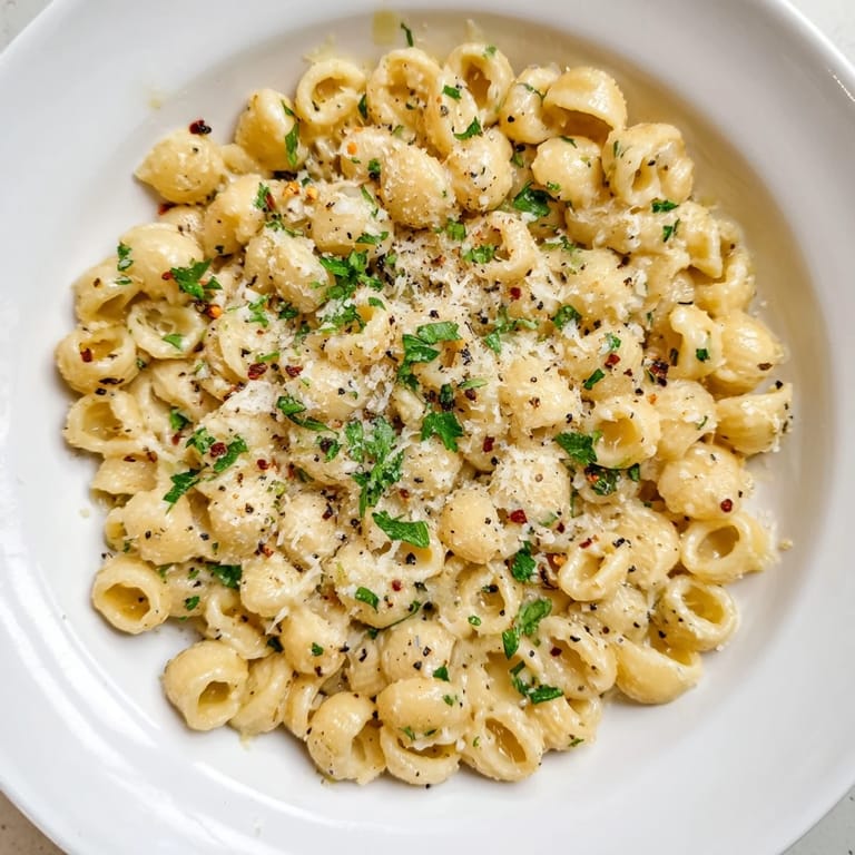 Tender ditalini pasta coated in a rich, creamy garlic sauce, perfect for a cozy, vegetarian dinner.