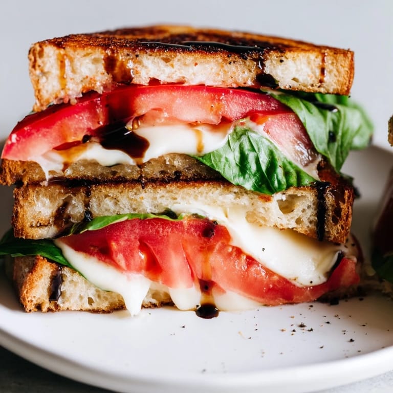 Savor the delicious balsamic glaze on this Italian-inspired Caprese Salad Grilled Cheese, ready to eat.
