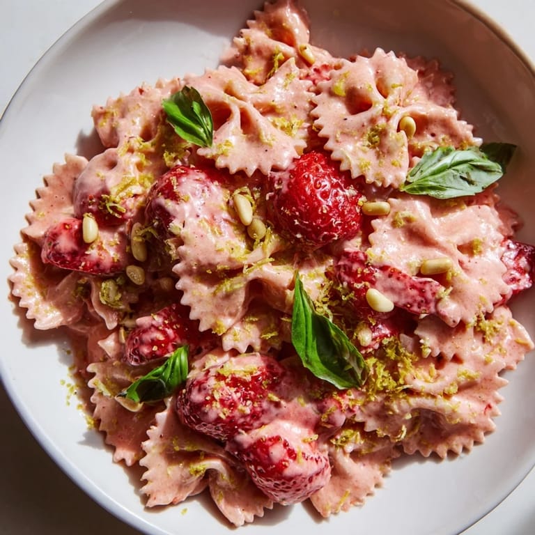 A vibrant bowl of Strawberry Sour Cream Pasta, the perfect refreshing summer meal today.