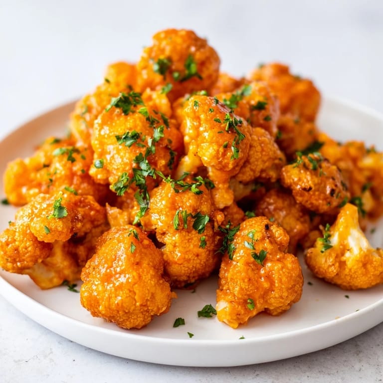 Crispy, flavorful Buffalo Cauliflower Bites fresh from the oven, offering a delightful vegan meal.