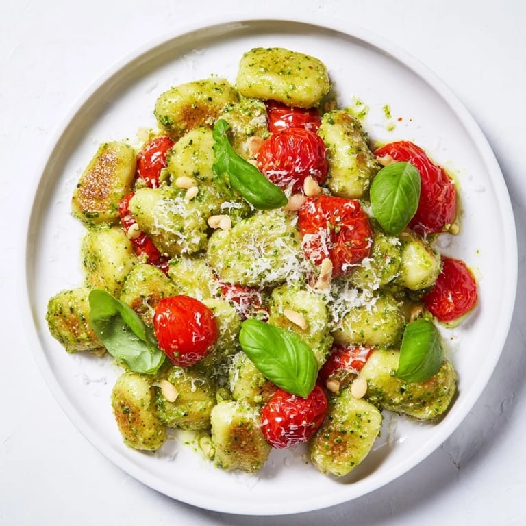 Close-up of pan-fried crispy gnocchi with vibrant, fresh pesto and juicy tomatoes.