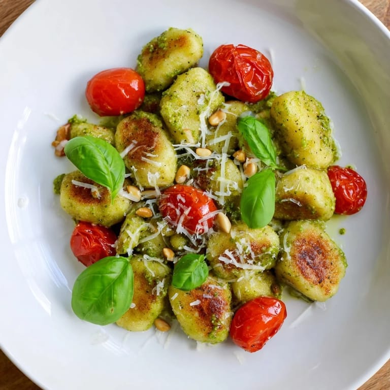 A plate of delicious crispy gnocchi with pesto, perfect for a quick and easy Italian meal.