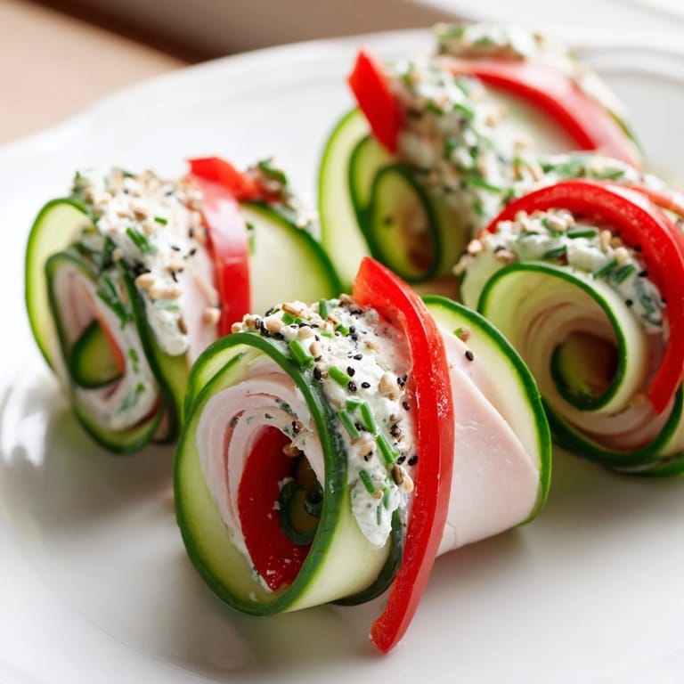 Close-up of Cucumber Roll-Ups, a quick and simple low-carb snack, ready to be devoured.