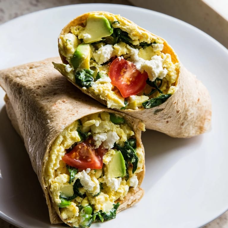 Warm, toasted Feta Egg Wrap cut open, showing a colorful filling perfect for breakfast.
