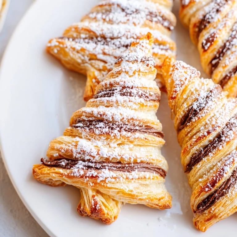 Homemade Nutella Pastry Christmas Trees, with twisted branches, warm and fragrant from the oven.
