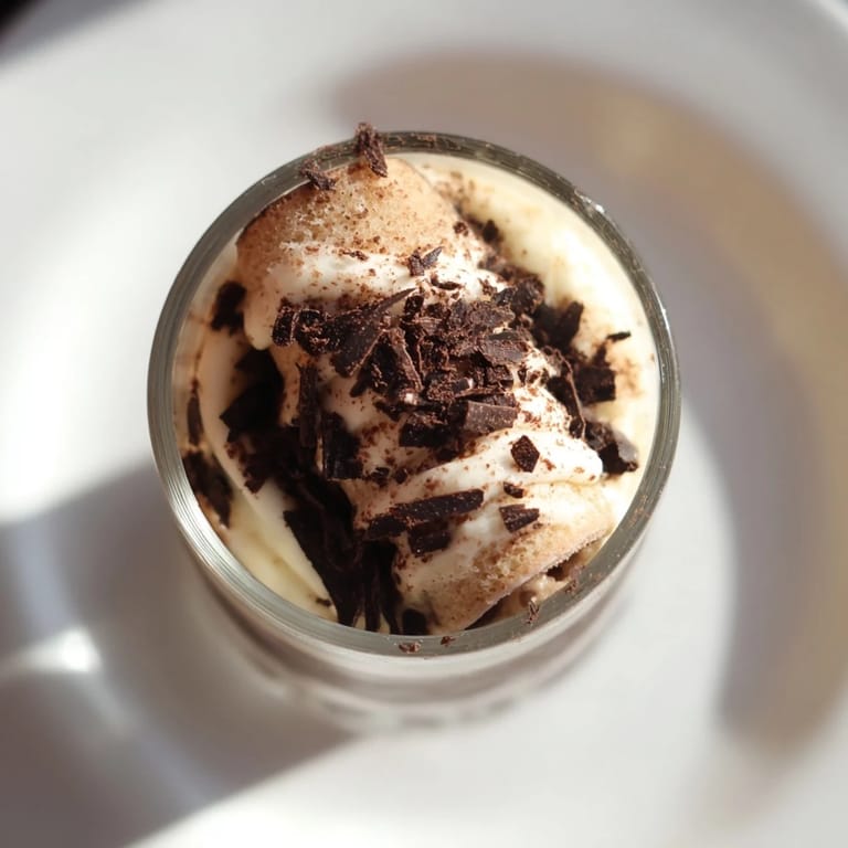 Individual Deconstructed Tiramisu Shots: Elegant dessert featuring espresso-soaked ladyfingers beneath a creamy mascarpone layer.