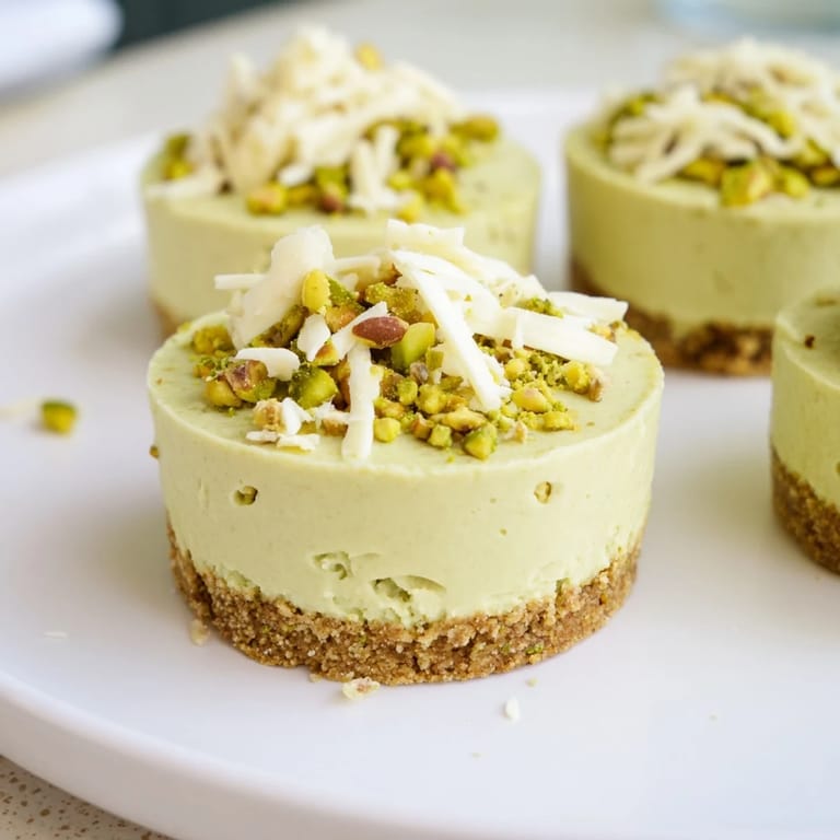 A close-up of finished Pistachio Cheesecake Bites, topped with chopped pistachios—ready to eat and enjoy.